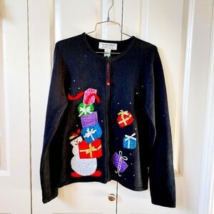 Snowman with Packages Beaded & Sequined Christmas Sweater Cardigan Large Tiara